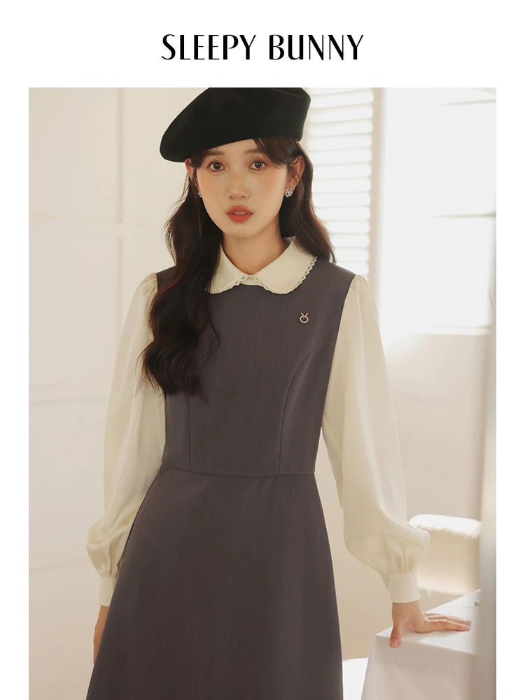 

Women Preppy Style Faux Two-Piece Collared Dress Spring 2025 High-Waist A-Line Long Skirt Brooch Elegant Draped Casual Dress