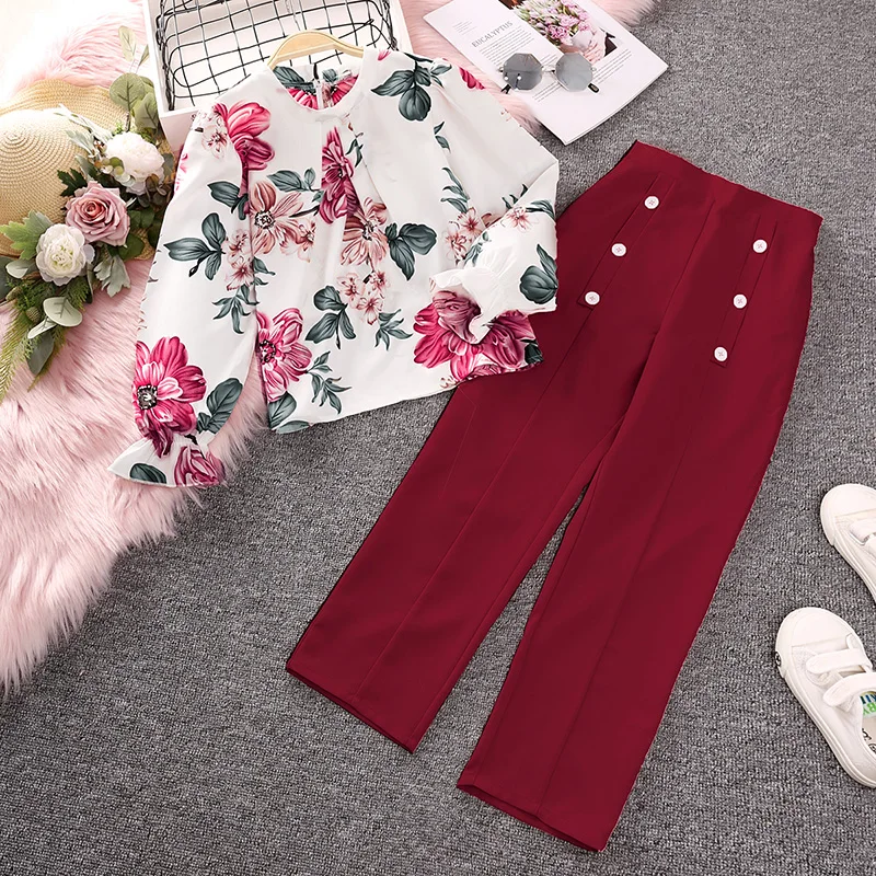 Girls\' Clothing Set New Spring Autumn Printed O-Neck Long-Sleeved Top + Casual Straight Long Pants Clothes Sets for Children