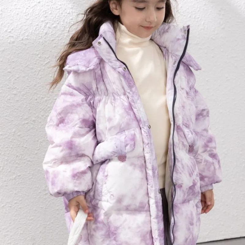 Korean Style Girls Plus Size White Duck Down Fluffy Hooded Long Coat Winter Kids 120-140cm