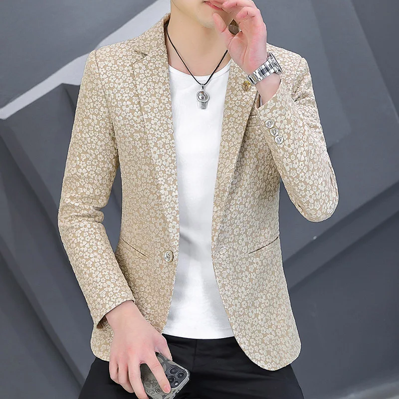 HOO 2025 Men's Spring Jacquard blazer Youth Slim Fit Fashion Casual Blazers