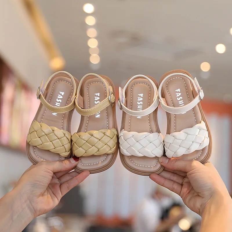 Toddler Shoes Girl Summer Braided Vacation Square Toe Cute Children Sandals Beige Yellow 21-36 Pu Leather Fashion Kids Sliders