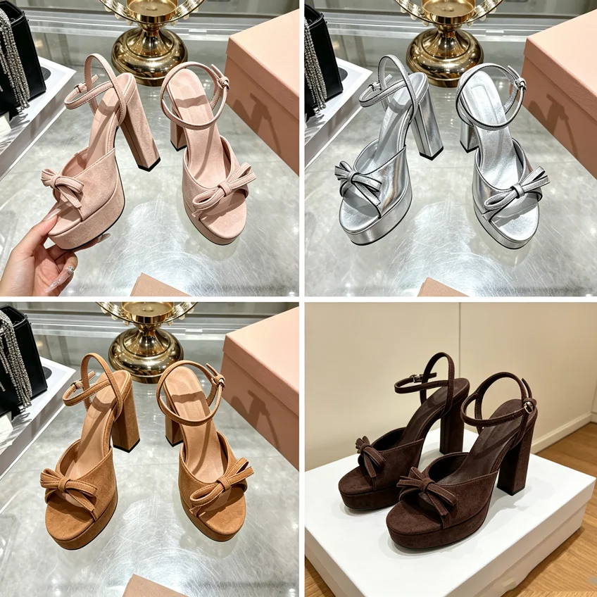 Platform Knot Peep Toe Chunky Heeled Sandals Summer Newest Retro Style Women's High Heel Sandals Bow Ankle Strap High Heels