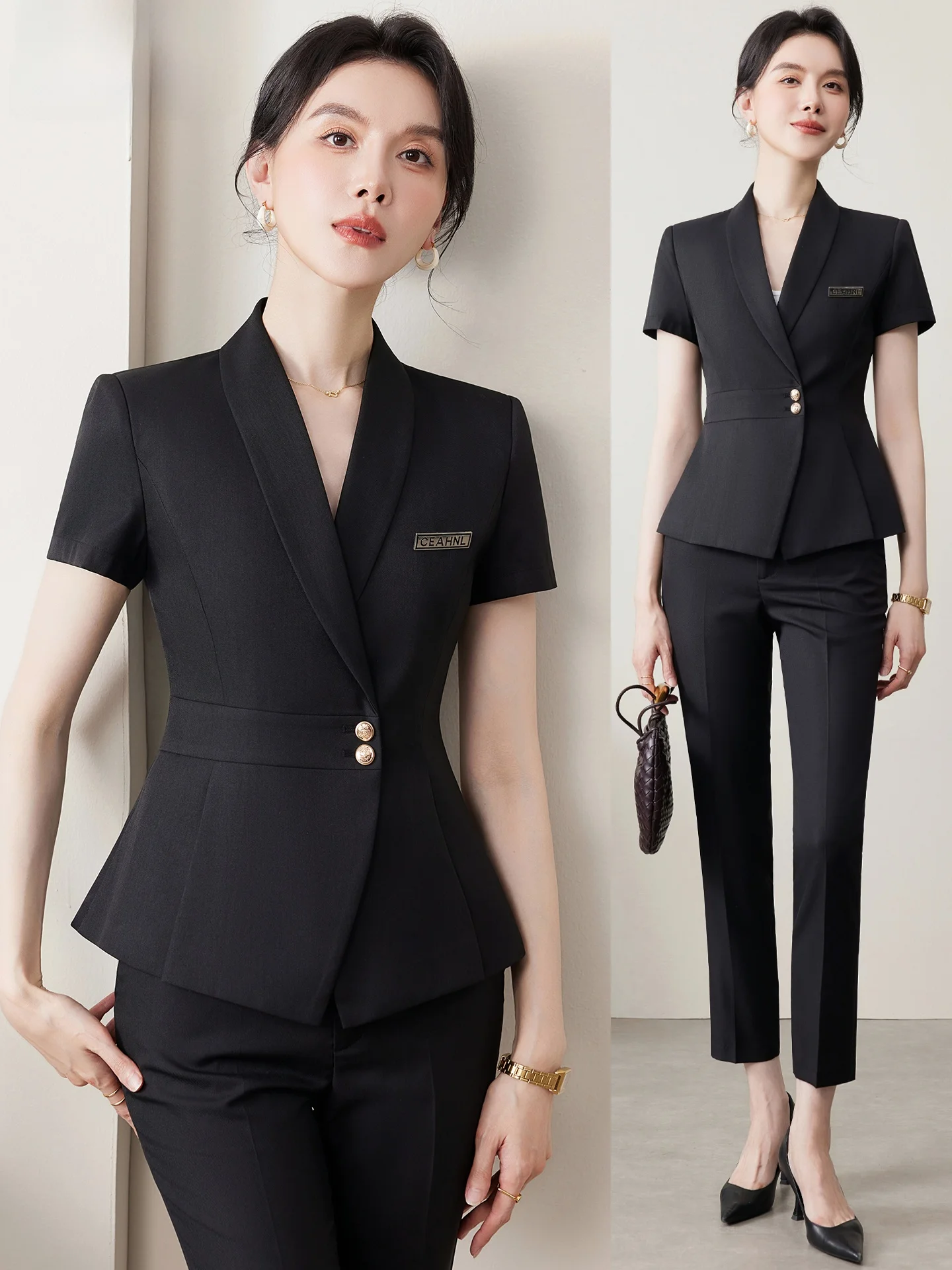 

Женский летний деловой костюм с коротким рукавом, тонкий, для работы в отеле, ювелирном магазине, на ресепшене, из полиэстера.