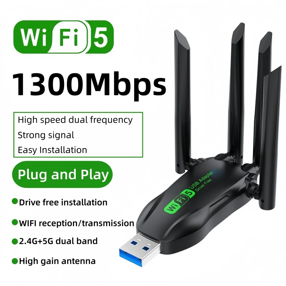 

Dual Band 1300Mbps USB Adapter WiFi5 2.4G/5G 4 External Antenna Drive Free USB3.0 Wireless Receiver for Laptops/Desktops