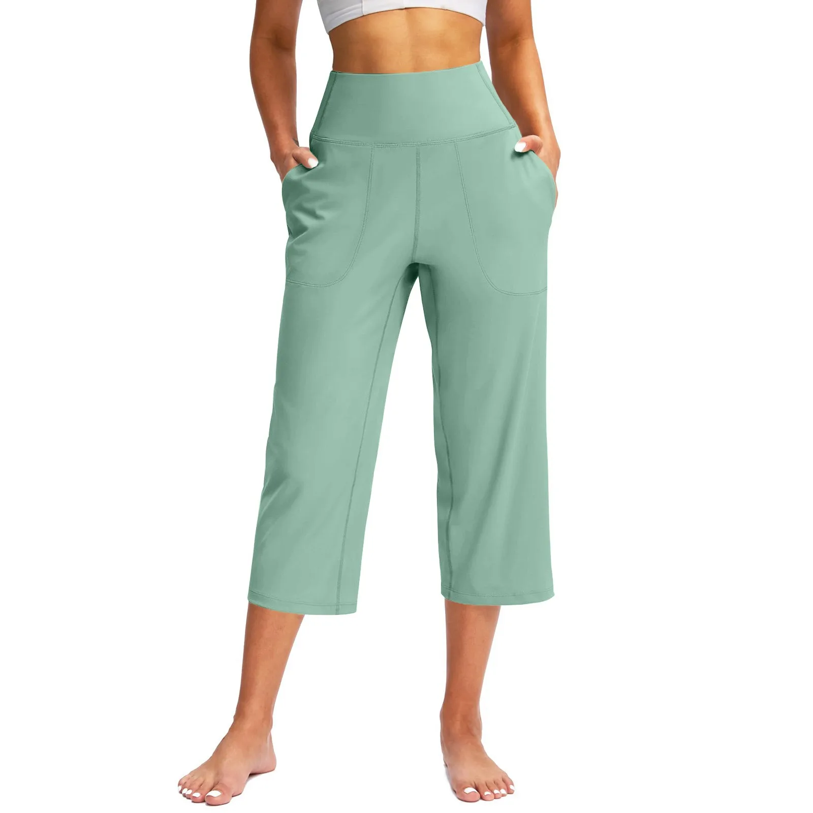Pantalones Capri de pierna ancha de cintura alta para mujer, pantalones ajustados de tela elástica tejida para Fitness, pantalones de Yoga para deportes al aire libre y interiores