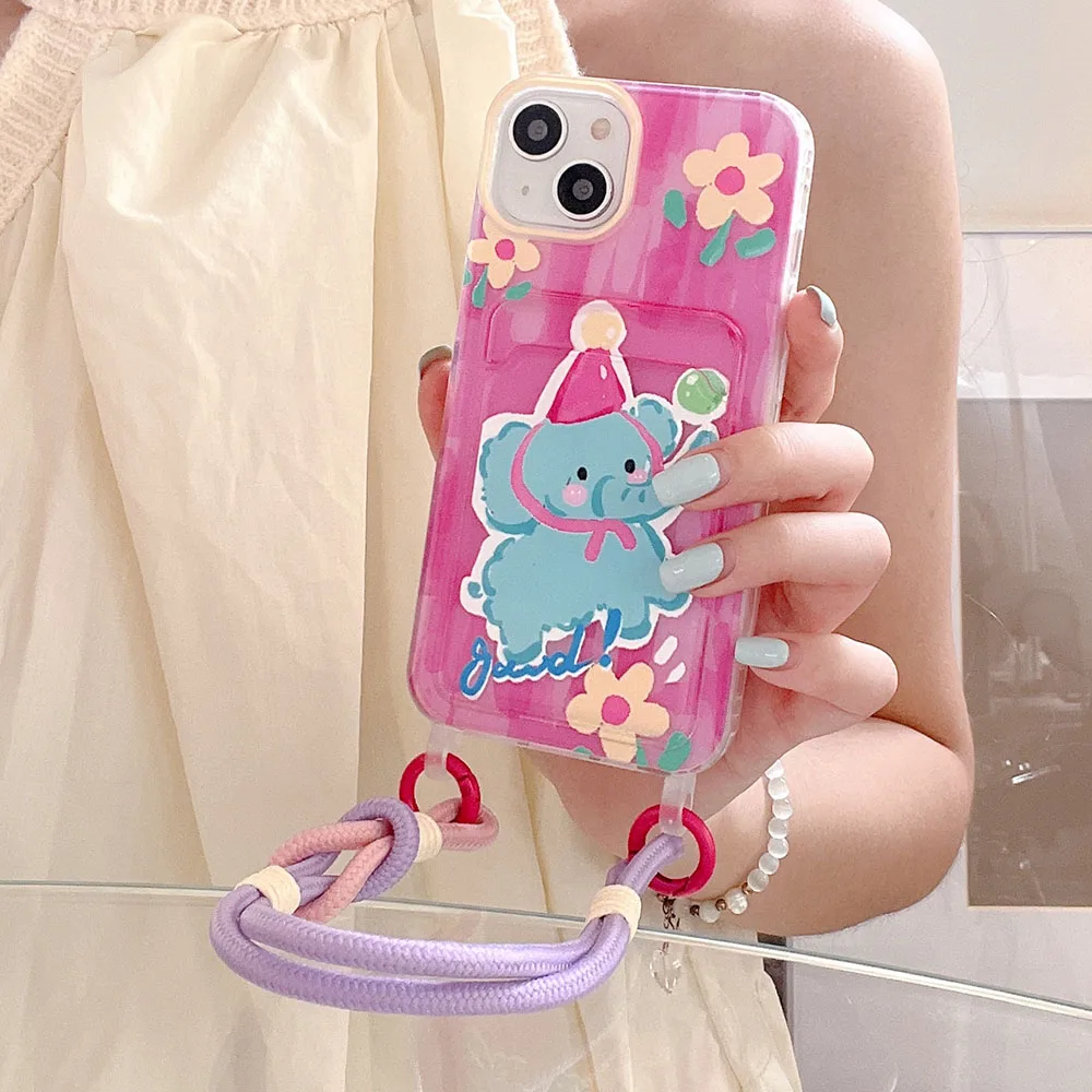 Case For iPhone 15 14 13 12 11 Pro Max Card Holder Phone Cover Oil Painting Cartoon Elephant Flower Graffiti Shell with Bracelet