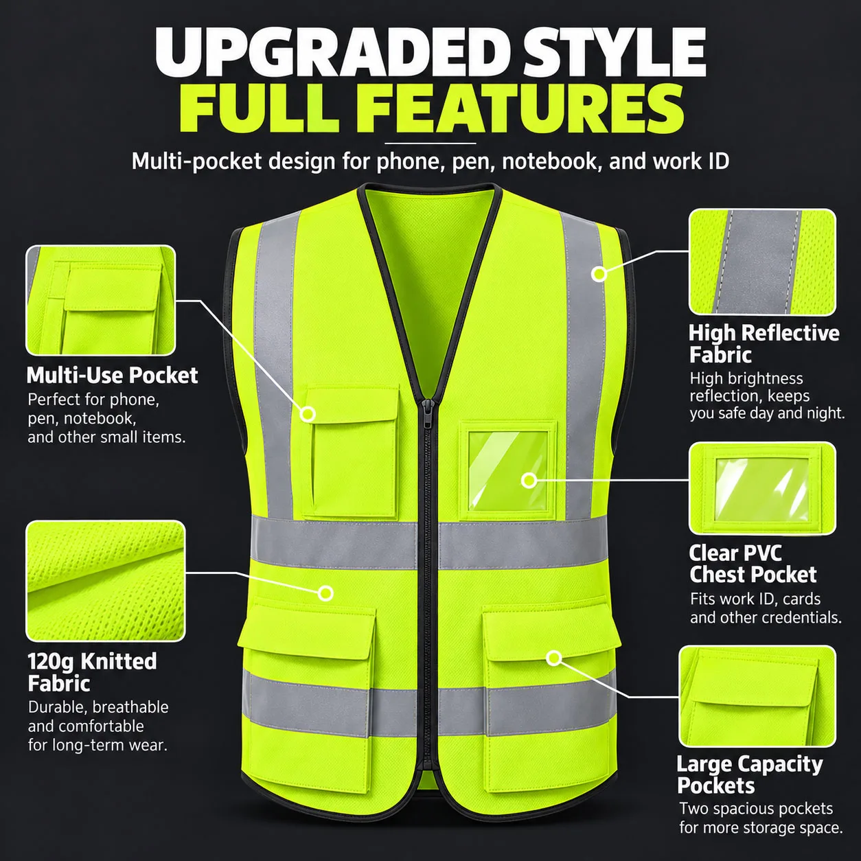 Custom Logo Reflective Safety Vest High Visibility Multi Pocket Zipper Workwear for Construction Warehouse Traffic Men Women
