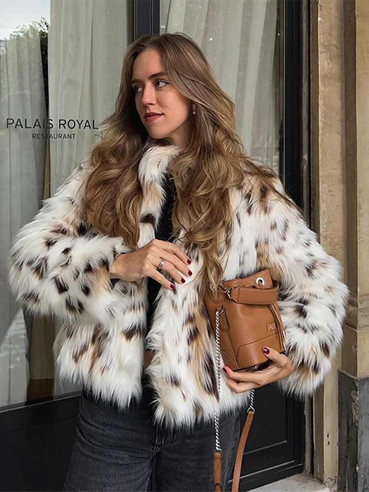 Vintage Leopard Faux Fur Short Coats Women Casual Loose Stand Collar Fur Coats Lady Winter Warm Elegant Chic Street Outwear