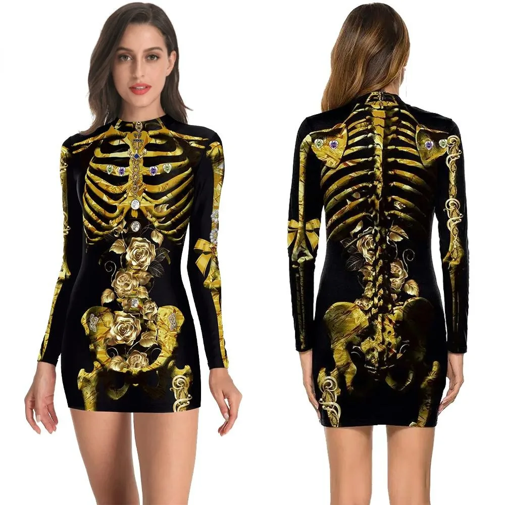 

Забавное платье Teanoon для Хэллоуина, женское платье с 3D принтом скелета, сексуальное облегающее платье с длинным рукавом, мини-платье