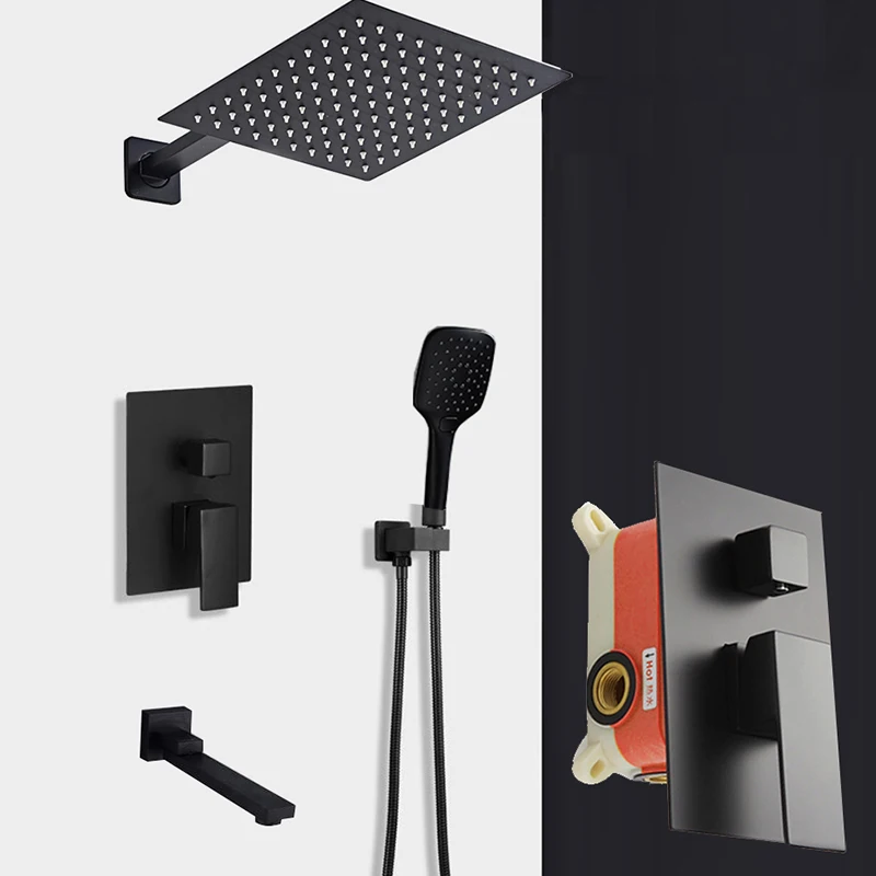 Black Concealed Shower Faucets With Embedded Box Stainless Steel Rainfall Shower Head Single Handle Mixer Tap Bathroom Shower