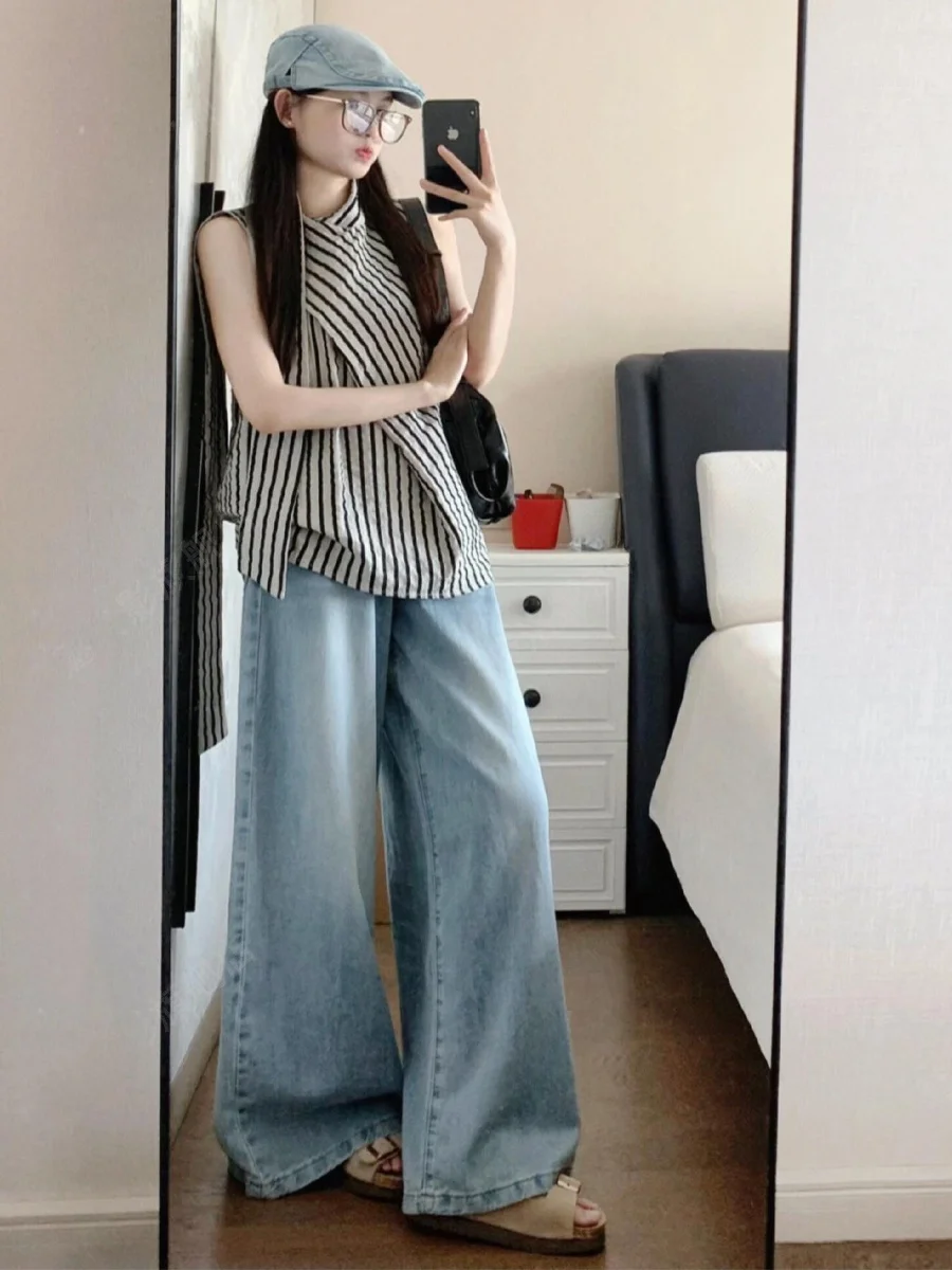 

Модный полосатый топ без рукавов, женская летняя новая свободная повседневная верхняя одежда, жилет с открытыми плечами, удобная рубашка с круглым вырезом