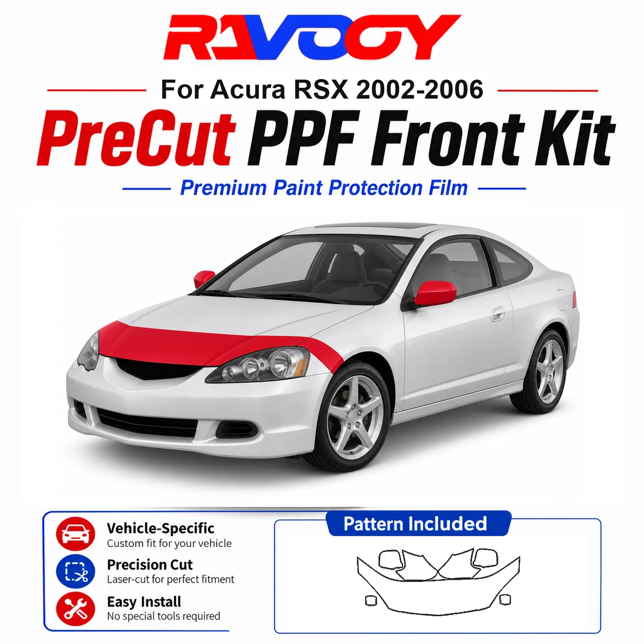 

8.5mil TPU Precut PPF Kit For Acura RSX 2002-2006 - Hood, Partial Fenders & Full Mirror Set - Self-Healing Gloss Clear Bra Film
