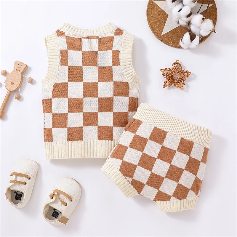 

Toddler Matching Set Sleeveless Plaid Sweater Vest with Round Neckline Coordinating Tie-Up Shorts for a Stylish Look