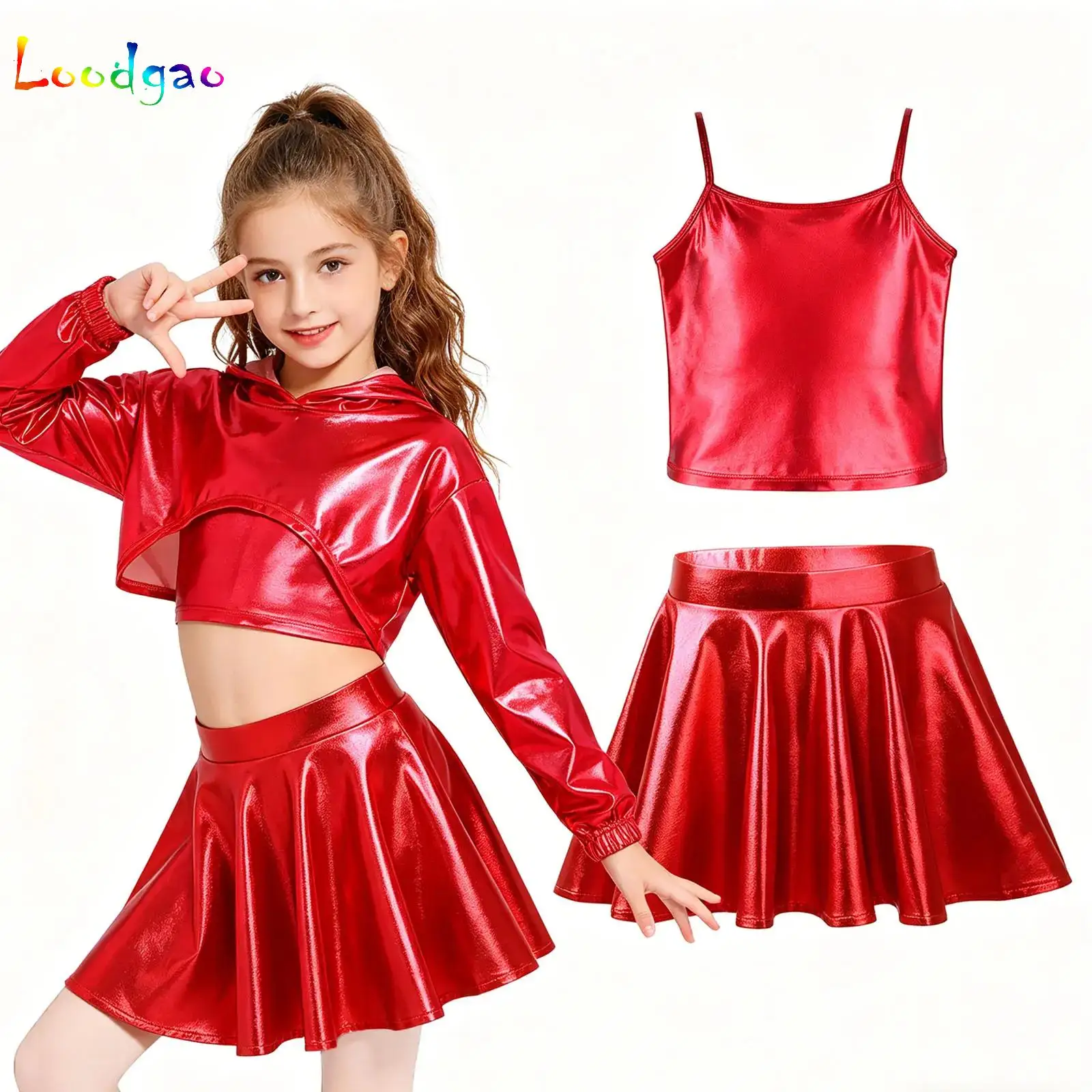 

Kids Girls Metallic Fashion Clothes Set Asymmetrical Hem Cropped Hoodie+Vest+Flared Skirt Hip-hop Jazz Dance Performance Outfit