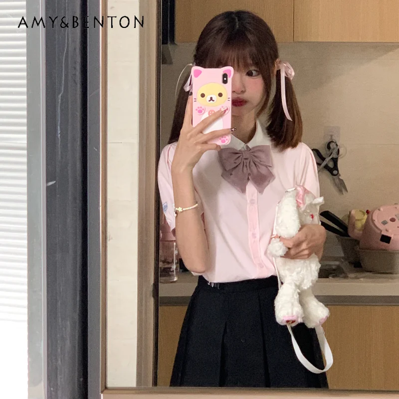 

2024 New Japanese Jk Uniform Casual Style Summer Blue Pink Short Sleeved Waist Slim Fitting Versatile Lapel Shirt For Girls