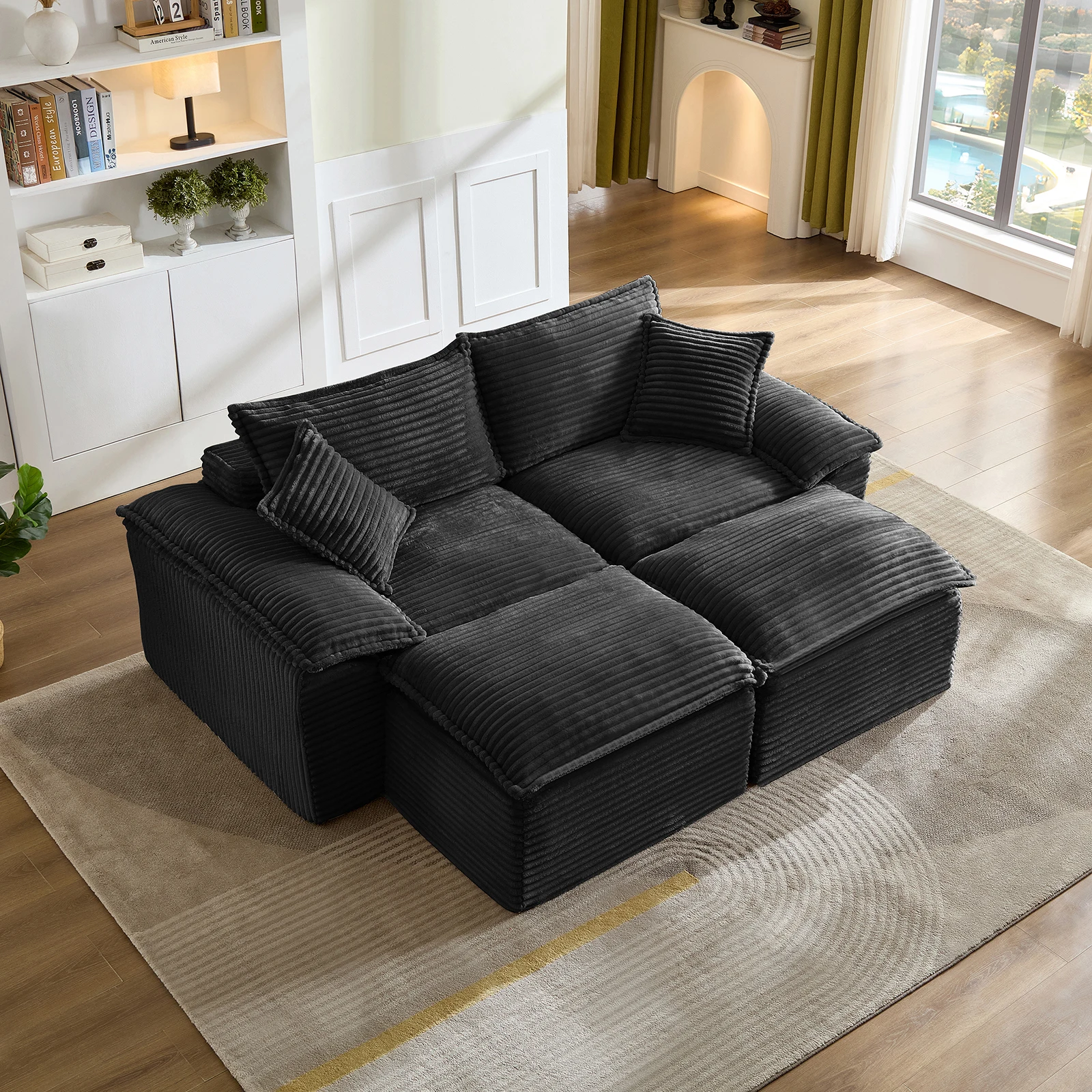Canapé d'angle modulaire pour salon, canapé en velours côtelé noir avec chaise longue, mousse à mémoire de forme, non assemblé, support ergonomique, 206 × 158 cm