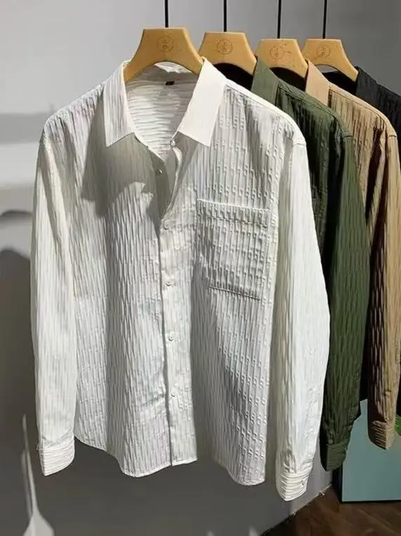 

Модная текстурированная свободная мужская рубашка с длинными рукавами, универсальная повседневная цветная молодежная верхняя одежда на весну и осень