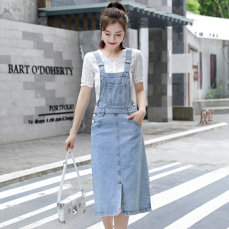 

Pearls Button Suspenders Denim Dress Women Fashion Summer Strap Jean Dresses 2022 New Pocket Split Vintage Female Vestidos