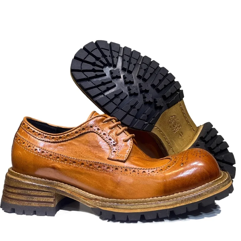 Zapatos Derby tallados Brock inglés/americano para hombre, artesanía de piel de caballo, zapatos de vestir Goodyear con suela de cuero genuino transpirable