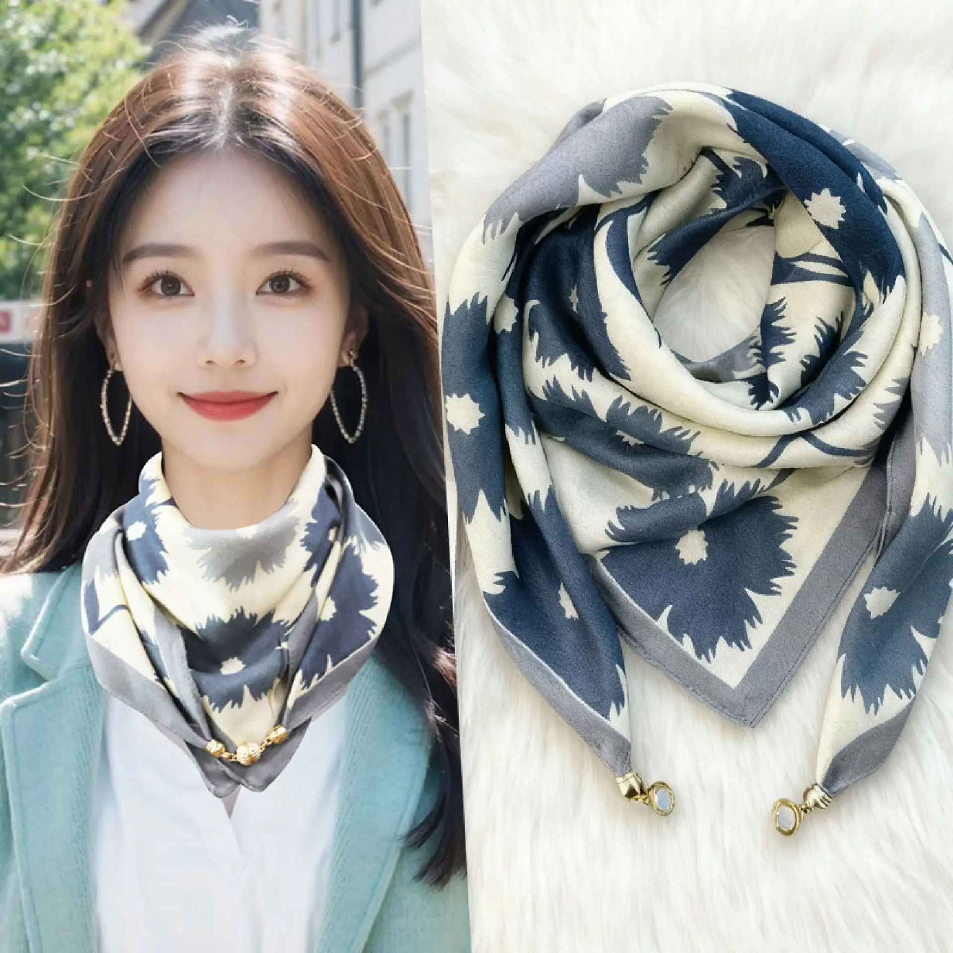 

Triangle Neck Scarf Elegant Solid Plain Cotton Linen Silk Magnetic Buckle Warm Neck Protect Women Spring Autumn All Season Kerchief