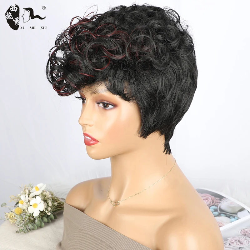 Short Mixed Black Burg Curly Hair Synthetic Wig With Bangs For Black Women Heat Resistant Fiber Natural Straight Wavy Mommy Wigs