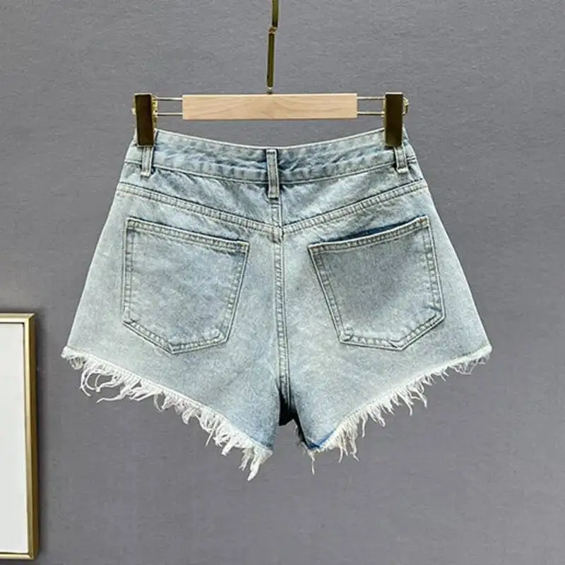 ANJY Summer New Women Trendy Diamonds Sequins Frayed Hem Slim Fit Denim Shorts Stylish Washed Distressed A-line Hot Pants A23810