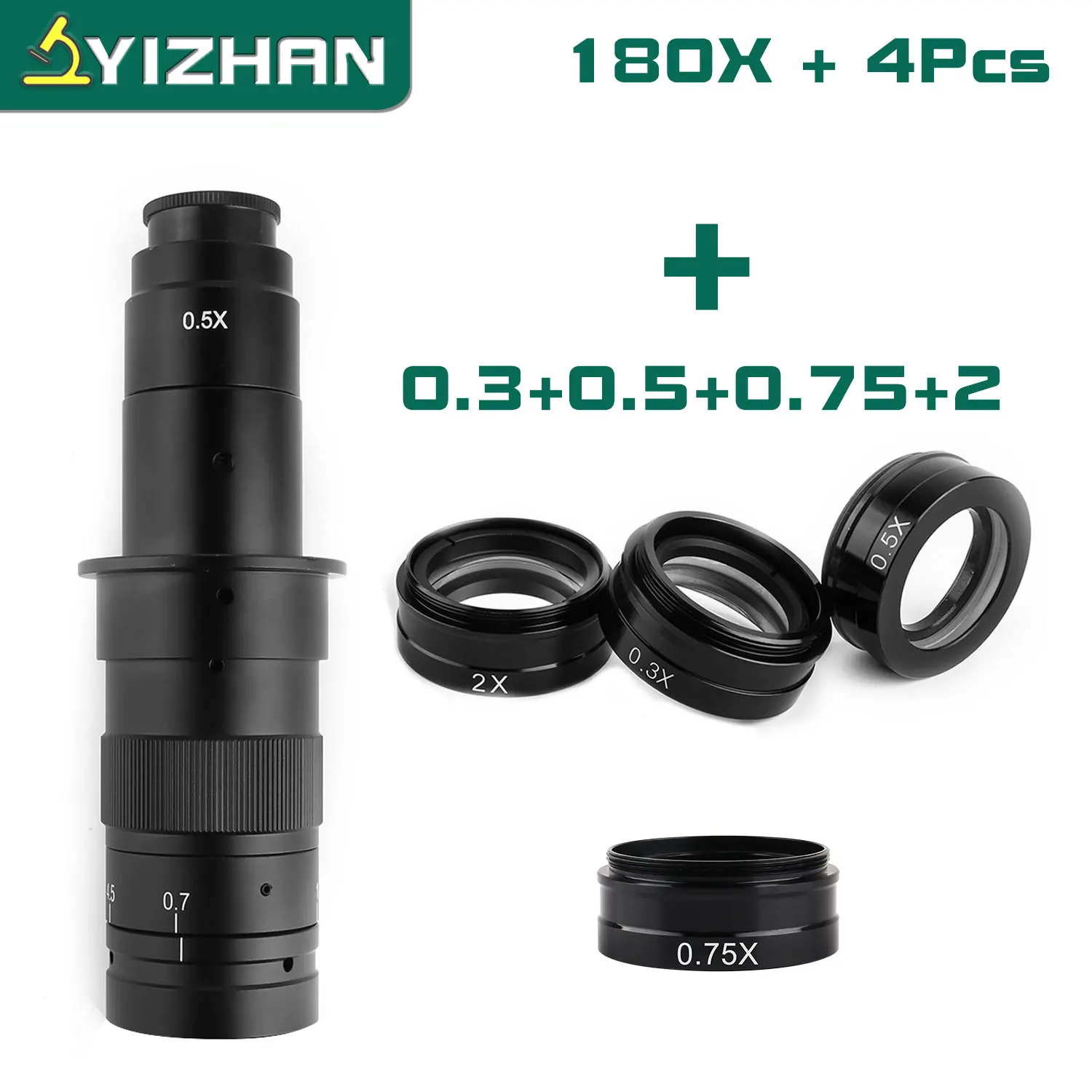 YIZHAN Einstellbare Zoom C-Mount Objektiv Vergrößerung 130X 180X 360X Labor 0,3X0,5X0,75 X 2X Ziel für Industrie Mikroskop Kamera