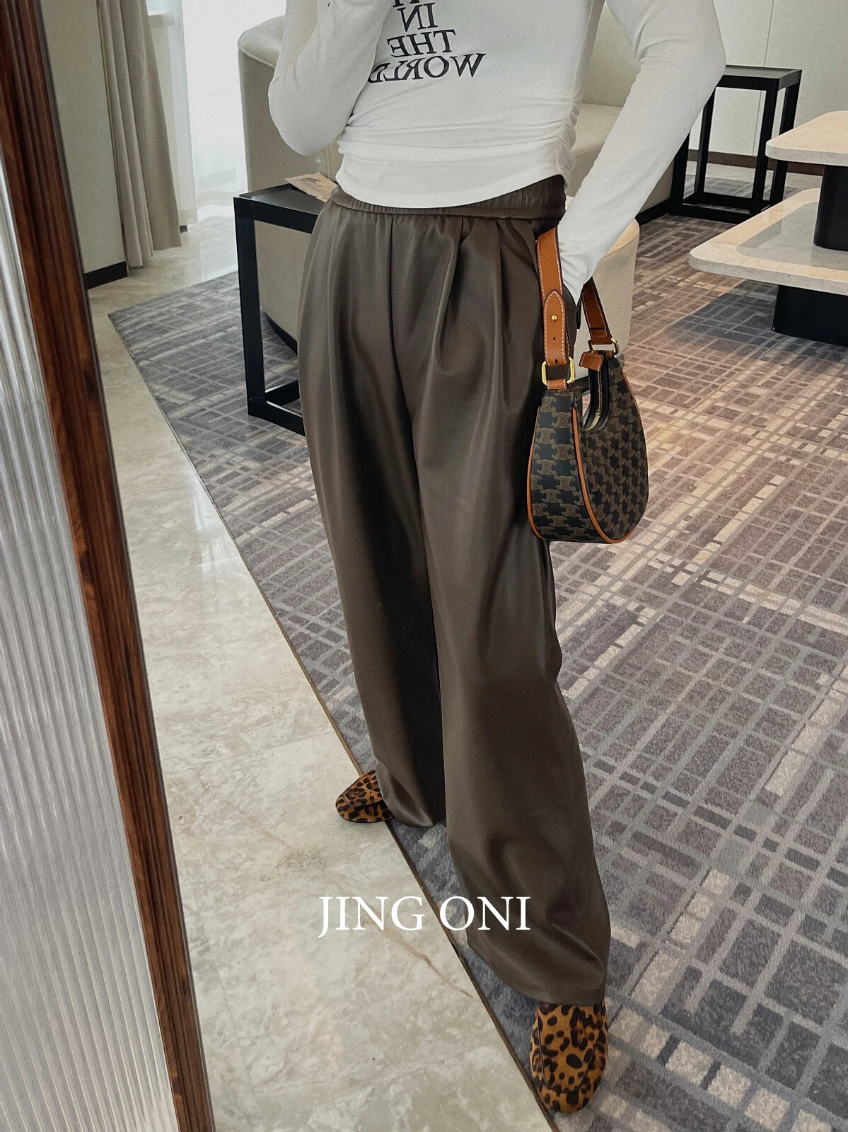 Leather Pants Y2k Woman Clothing 2023 Autumn Korean Style Fashion Vintage High Elastic Waist Cargo Trousers Baggy Wide Leg Chic