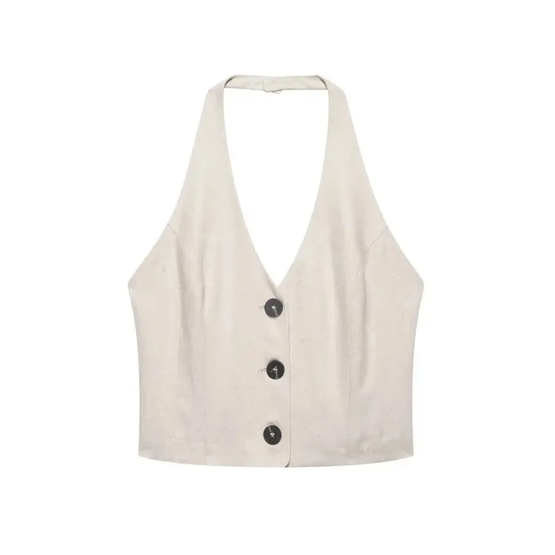 Women's Casual Linen Solid Color Sleeveless Top with Backless Suspender And Long Belt Straight Skirt Summer Fashion Suit