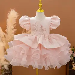 Spring and Summer Girls' New Pearl Decal Patchwork Mesh Bubble Sleeves Birthday Party Sweet Cute Fashionable Princess Dress