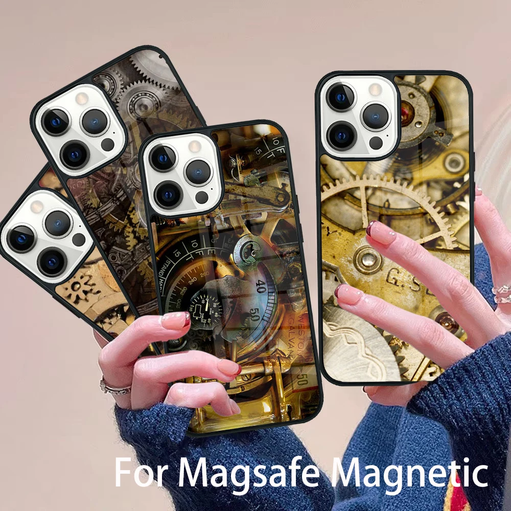 

Steampunk Gear Mechanical Phone Case Magesafe Magnetic Wireless Charge Cover For IPhone 16 11 12 13 14 15 Pro Max Plus Mini