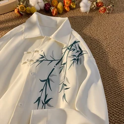 New Men's White Shirt Bamboo Leaf Embroidery Shirt Plate Button Design Shirts Traditional Tang Clothing Men Women Blouse