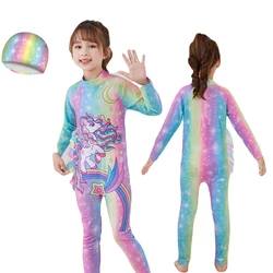 Cartoon Girl Long Sleeve Child Surf Swimwear Kids Swimsuits Onepiece Swimming Sport Beachwear Rashguard Bathing Suit Cap 2023