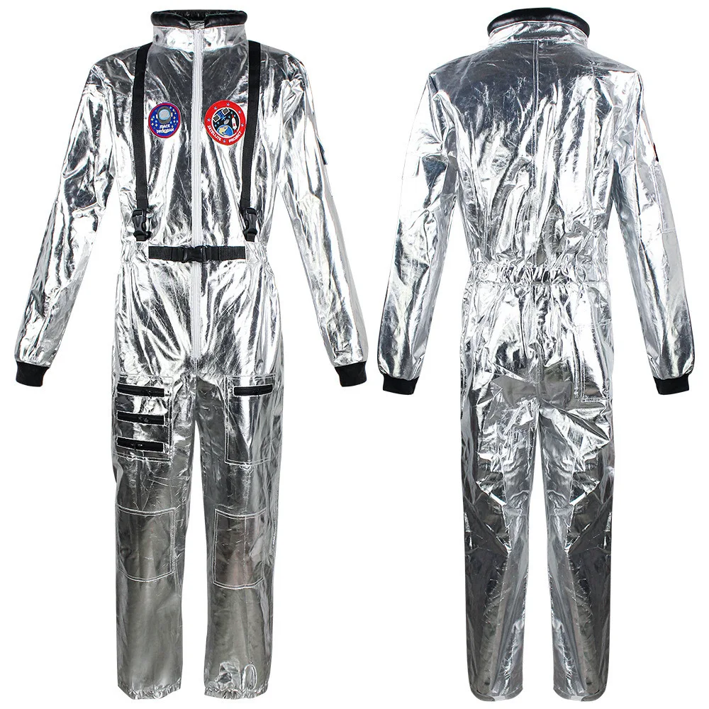 Volwassen astronaut kostuum jumpsuit zilveren ruimtepak voor mannen met geborduurde patches en zakken voor Halloween cosplay feestpak