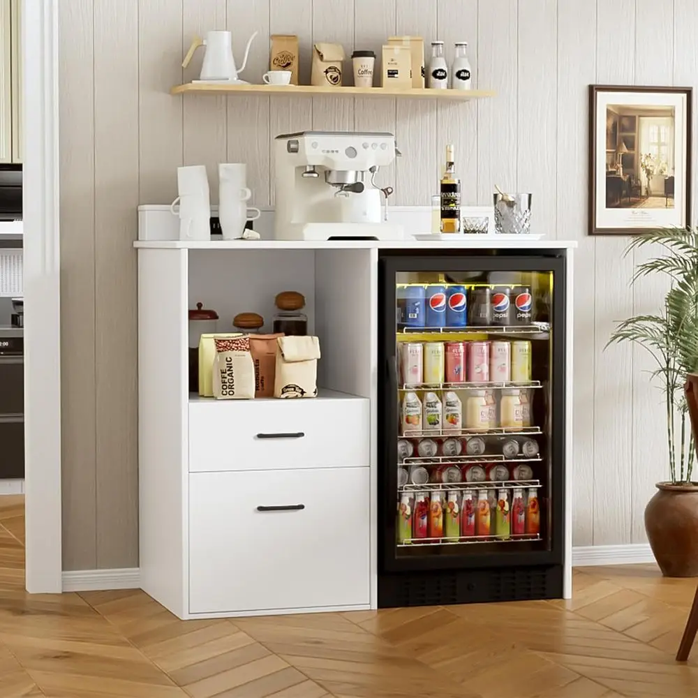 Compact Coffee Bar with Storage, Power Outlet, and Microwave Shelf for Kitchen, Dining, and Living Spaces in White