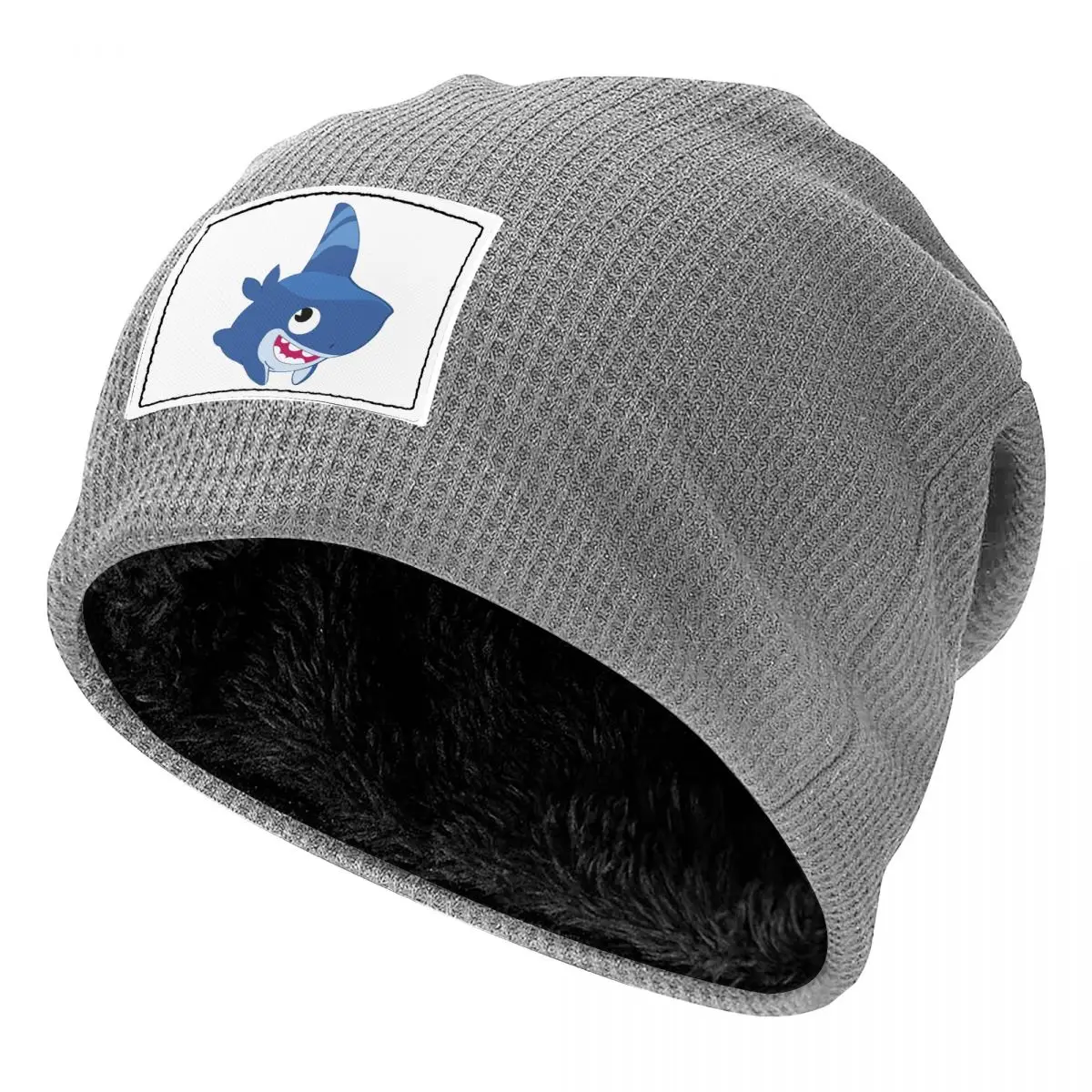 Funny Shark Dog Waffle Knit Fleece Lined Beanie with PU Leather Patch Unisex Warm Winter Soft Cap