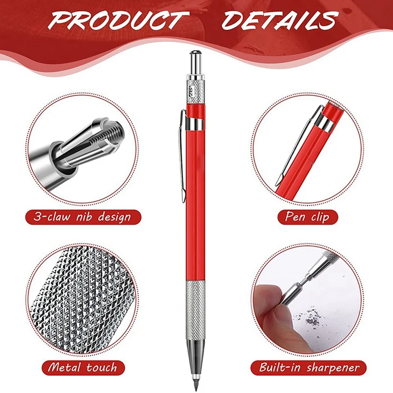 3X Welders Pencil With 36PCS Silver Streak Refills, Metal Marker Mechanical Welding Pencil Pipefitters, Fabrication, Red