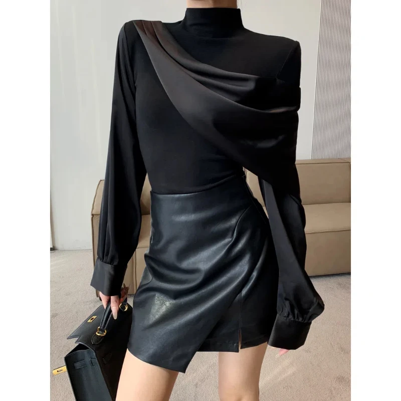 

2024 Women's Spring New Collection Solid Color Spliced Turtleneck Long Sleeve French Fashion All-match Pullovers Moto Biker Tops