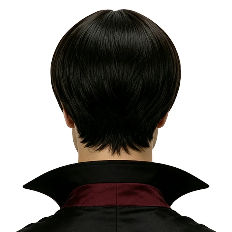 Mens Short Straight Wig Natural Black Synthetic Hair Heat Resistant Full Head Bowl Cut Wig For Men Halloween Daily Cosplay Party