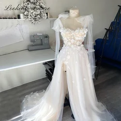 Elegant Lace Tullle A Line Wedding Dress 3D Flowers Long Bow Sleeve High Split Bride Gown Appliques Sweep Train 2026 Customized