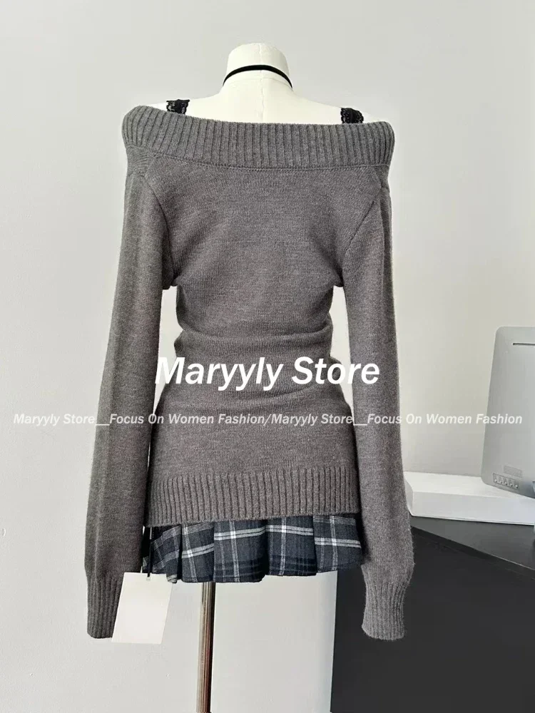 Autumn Winter New Vintage Knitted 3 Piece Set Women Casual Grey Sweater Tops + Hot Girl Lace Vest + Higt Waist Plaid Mini Skirt