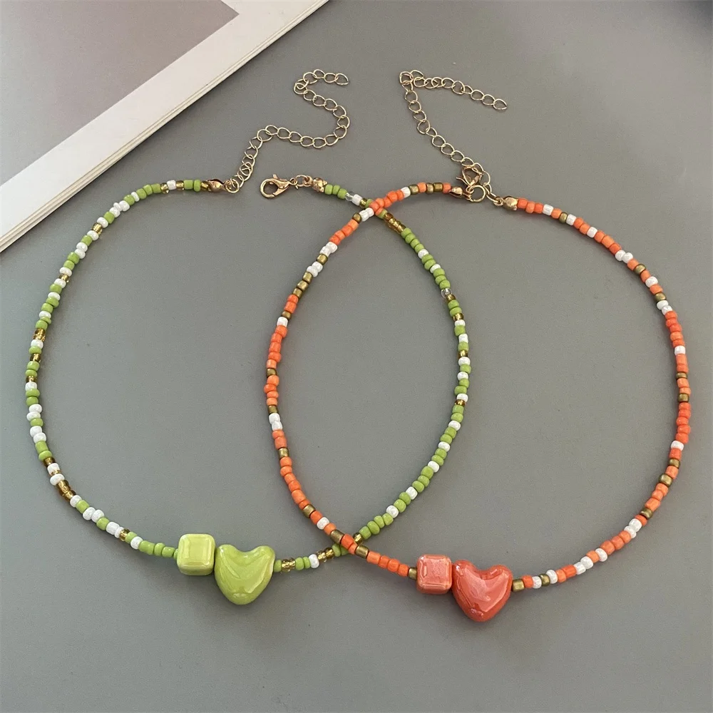 1 шт. новое цветное ожерелье с сердечком любви, рисовые бусины ручной работы, модное колье с геометрическим рисунком, богемное модное ювелирное изделие на шею