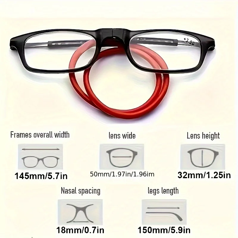 1 قطعة المحمولة خفيفة للغاية المغناطيس معلقة الرقبة نظارات للقراءة ، الرجال النساء مكافحة الضوء الأزرق إطار كامل نظارات + 100 إلى + 400 #2
