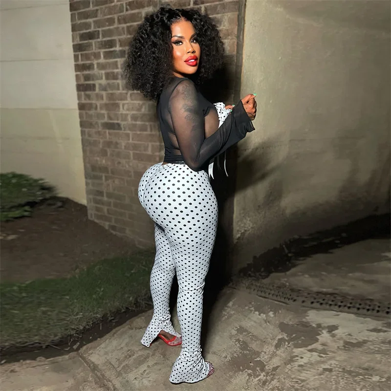 Sexy Mesh See Through Night Club Outfits Women 2 Piece Set Y2K Polka Dot Print Bow Tie Long Sleeve Top and Split Flare Pants