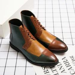 Men New Fashion Chelsea Boots Pointed English Style Multi color Spliced Lace up Ankle Boots 38-48 Male Boots