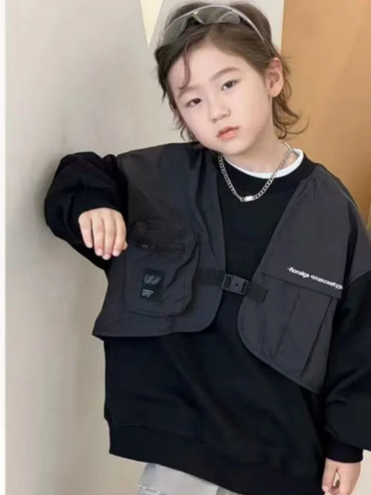 

Boys' Hoodie Children's Clothing Spring and Autumn Children's Patchwork Long Sleeved Top, Loose Round Neck Fashionable Jacket