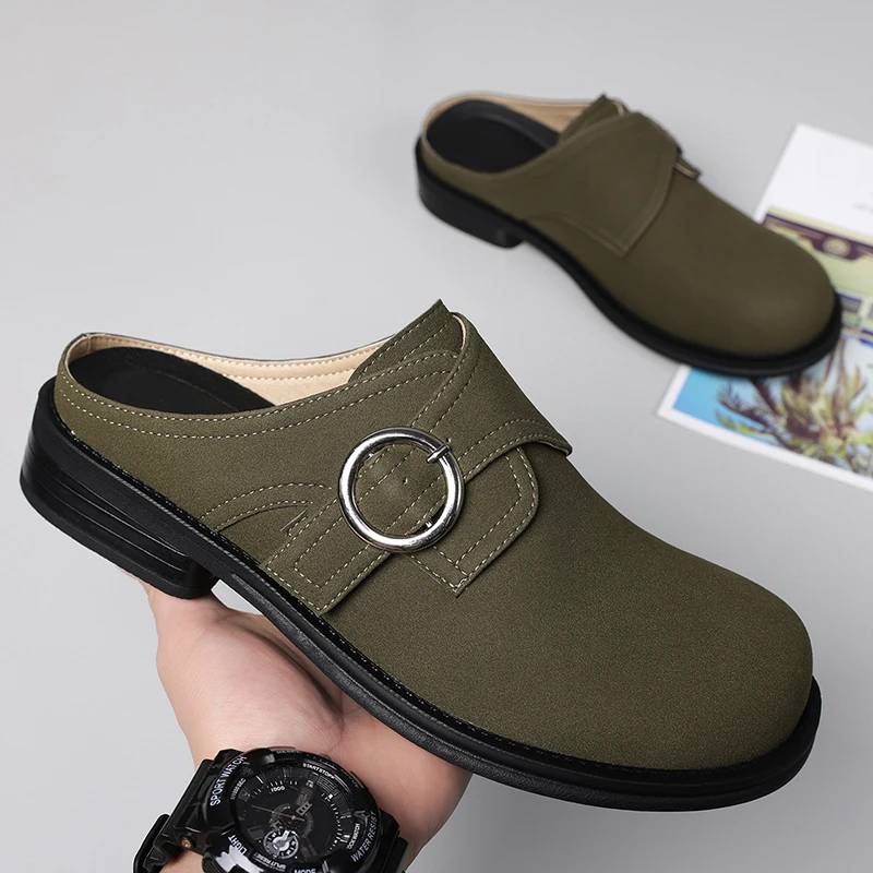 

Platform Mules Loafers Slippers Men Half Shoes for Man Leather Wide Toe Slip On Sneakers Open Back Casual Shoes Slides Sandals