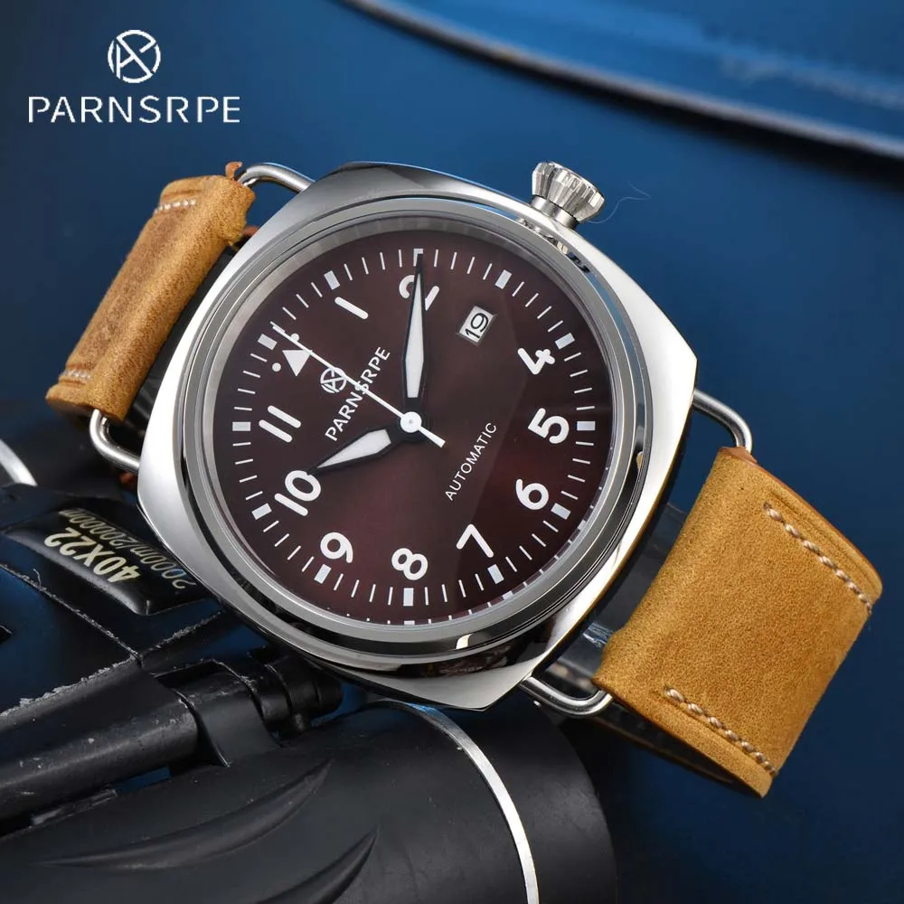 PARNSRPE 45mm Men\'s Watch Vintage Pilot Mechanical Watch NH35 Movement Waterproof Case Leather Strap