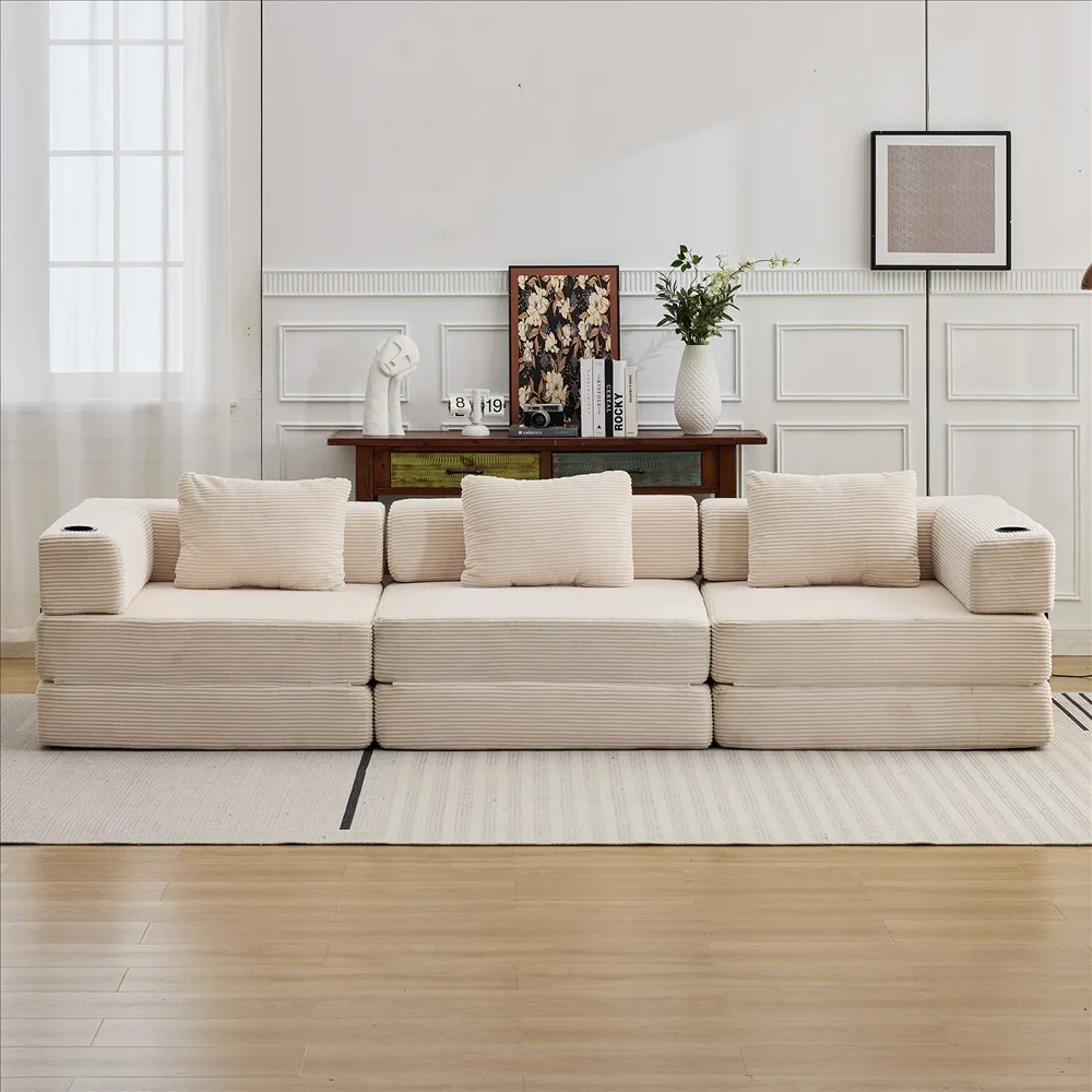 Cord-Modulsofa Frei Kombinierbare Wandelbare Eckcouch mit Getränkehaltern Übergroße Chaiselongue für Wohnzimmer – Detail 12