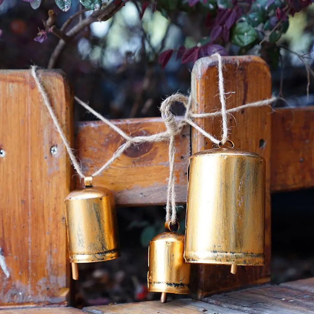 Rustic Christmas Decor: Large Cow Bells for Decoration - Vintage Gold Bells on Rope (Set of 3)